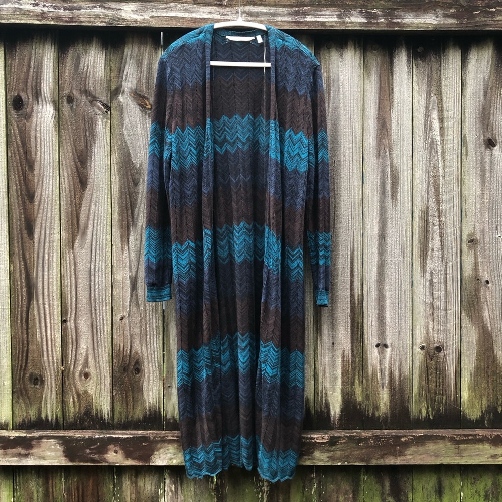 Soft Surroundings Long Duster Cardigan Blue Black Pointelle Knit Size PL